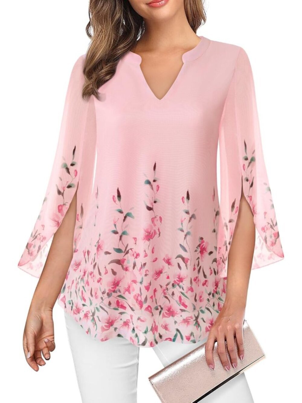 VALOLIA Women's Tops Pink 3/4 Sleeve Floral V Neck Double Layers Mesh Blouses